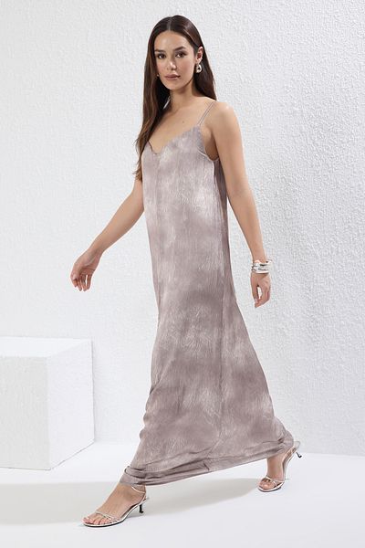 Trendyol Collection Φόρεμα μάξι υφαντό με αφηρημένο σχέδιο βιζόν TWOSS25EL00745