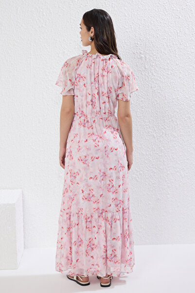 Trendyol Collection Pink Floral Skirt Waist Opening Elastic Chiffon Flight Flight Woven Maxi Dress Twoss25El00570
