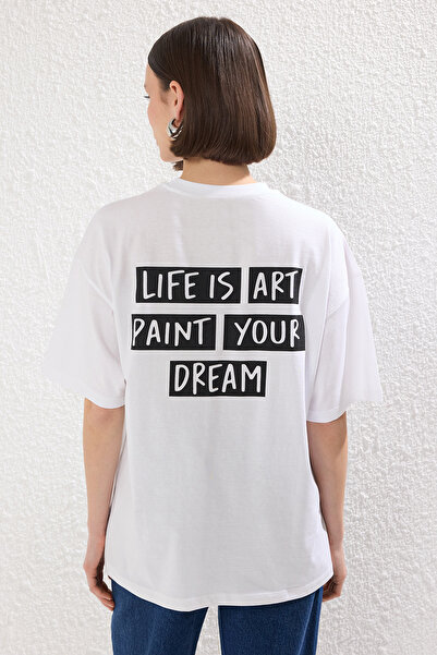 Trendyol Collection Tricou alb din bumbac supradimensionat - Slogan Patch, TWOSS25TS00143