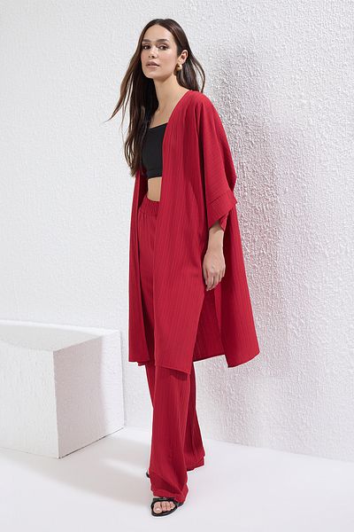 Trendyol Collection Red Kimono and Wide Leg/Wide Leg Pants Woven Two-Piece Bottom-Top Suit Twoss25Au00079