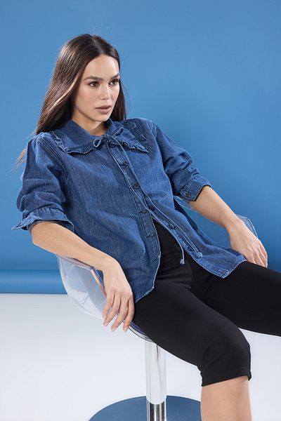 Trendyol Collection Cămașă din denim cu guler pentru bebeluși, albastru închis, cu șireturi TWOSS25GO00119