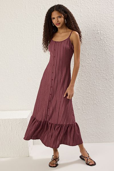 Trendyol Collection Plum Plain Flounced / Ruffle Maxi τετράγωνο γιακά με κουμπιά πλεκτό φόρεμα TWOSS25EL00541