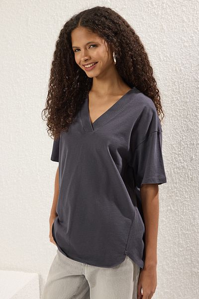 Trendyol Collection V-Neck Anthracite Color Oversize Cotton T-Shirt - Twoss25Ts00162