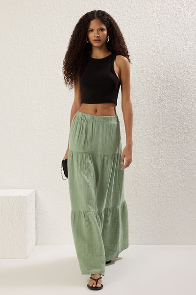 Trendyol Collection Világos khaki 100% pamut muszlin hosszú maxi szoknya TWOSS25ET00174