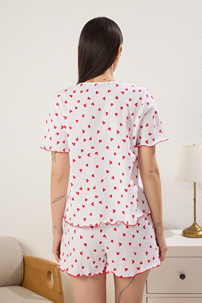 Trendyol Collection Set de pijamale alb bumbac 100% piese cu dantelă cu inimă și pantaloni scurți cu detaliu overlock pentru bebeluși din material subțire THMSS25PT00396