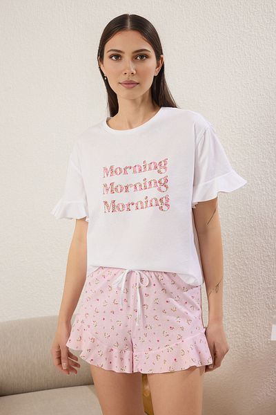 Trendyol Collection Cotton Floral Slogan Flounce Shorts Pajama Set
