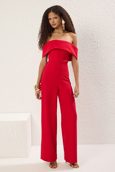 Trendyol Collection Roter, gewebter, stilvoller Overall mit Carmen-Kragen TPRSS25TU00014