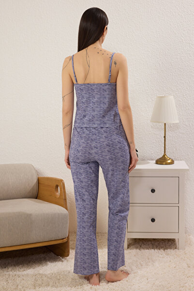 Trendyol Collection Dark Purple Cotton Striped Lace Rope Strap Knitted Pajamas Set Thmss23Pt00227