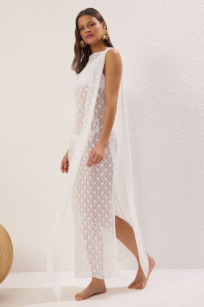 Trendyol Collection Ecru Maxi Knitted Lace Beach Dress Tbess25El00089