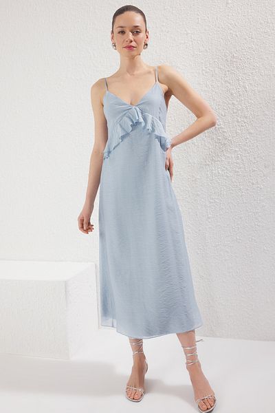 Trendyol Collection Modré Maxi tkané šaty s rovným střihem TWOSS25EL00224