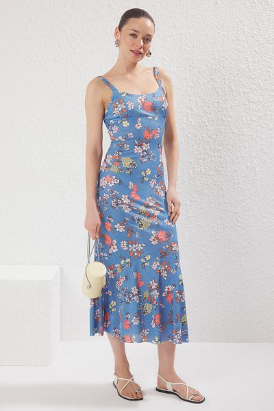 Trendyol Collection Rochie creion maxi tricotată elastică, cu bretele indigo, așezată pe corp TWOSS24EL00682