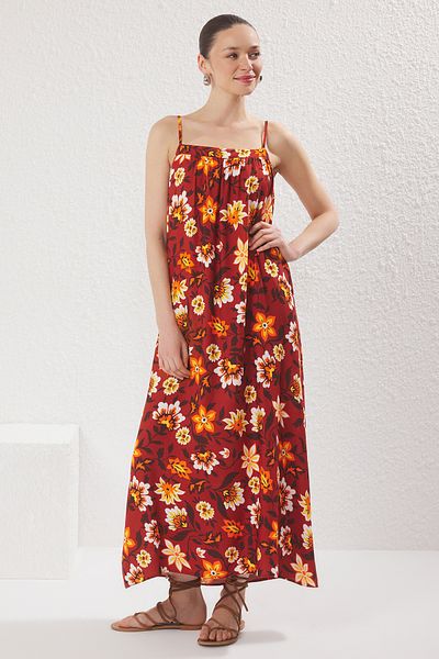 Trendyol Collection Кафява рокля с тропически права кройка и макси тъкан TWOSS25EL00578