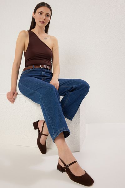 TRENDYOL SHOES Dunkelbraune Wildleder-Mary-Jane-Sandalen mit Blockabsatz TAKSS25TO00075