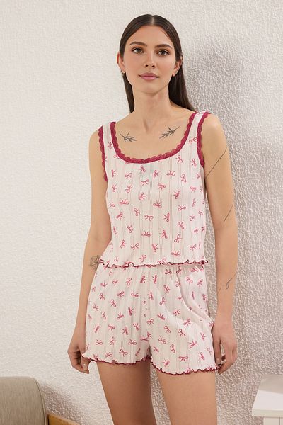 Trendyol Collection Pink 100% Cotton Ribbon/Bow Lace Shorts Knitted Pajamas Set Thmss25Pt00079