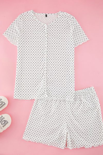 Trendyol Curve Ecru Heart Pattern Button Košilka Pletená pyžamová souprava TBBSS25AI00104