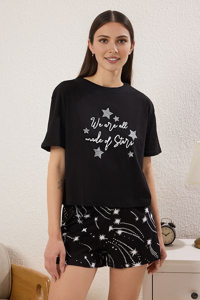 Trendyol Collection Black 100% Cotton Star Pattern Shorts Knitted Pajamas Set Thmss25Pt00393