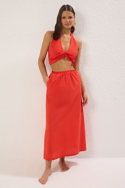 Trendyol Collection Piros szőtt pamut strandblúz szoknya öltöny TBESS25AU00070