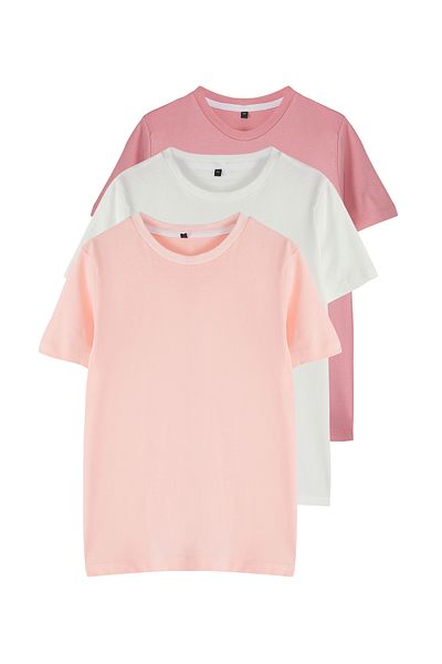 TRENDYOLKIDS Rose Dried-Powder-Ecru 3'Lü Girl 100% Cotton Basic Short Sleeve Knitted T-Shirt Tkdss25Ts00023