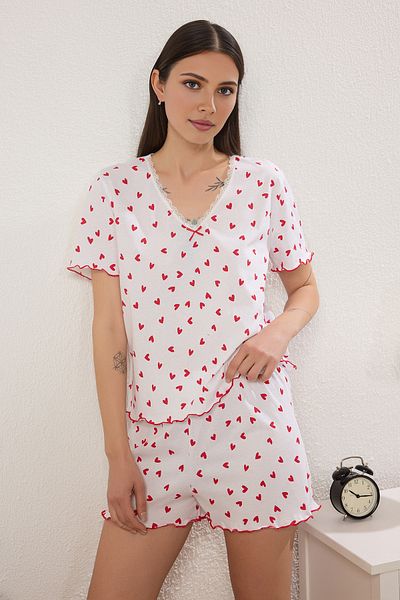 Trendyol Collection Weißes Baby-Pyjama-Set aus 100 % Baumwolle mit Herz-Spitze und Overlock-Detail