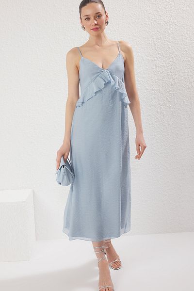 Trendyol Collection Modré Maxi tkané šaty s rovným střihem TWOSS25EL00224