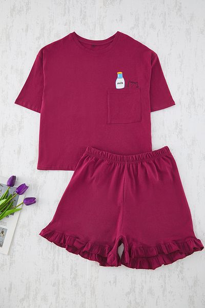 Trendyol Collection Burgunderrotes, gerüschtes, bedrucktes Shorts-Strickpyjama-Set THMSS22PT0422