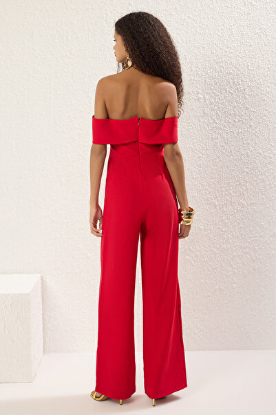 Trendyol Collection Red Carmen Collar Woven Stylish Jumpsuit Tprss25Tu00014
