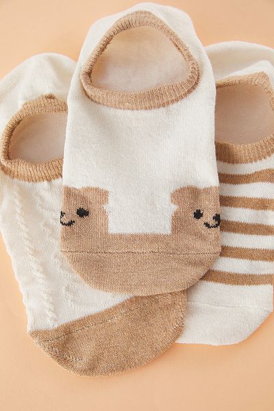 Trendyol Collection Weiß-hellbraune 3-teilige gestrickte Socken mit Teddybär- und Streifenmuster
