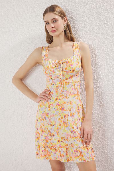 Trendyol Collection Orange Printed Square Neck Flounces A-Line Mini Knitted Mini Dress Twoss23El00348