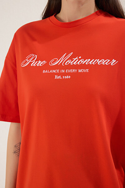 Trendyol Collection 100% Cotton Red Slogan Embroidered T-Shirt Wide Fit Overize Cancel