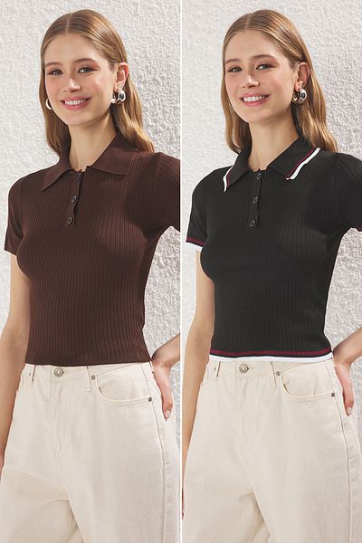 Trendyol Collection Black/Brown Basic Polo Knitwear with Slim Blouse Double Pack