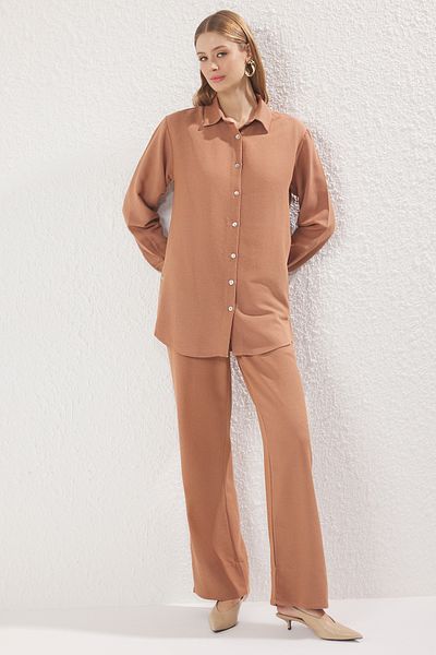 Trendyol Modest Light Brown Linen Look Mother of Pearl Button Woven Bottom-Top Set Tctss25Us00029