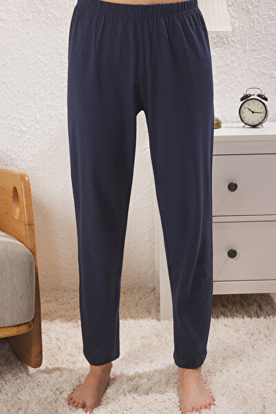 Trendyol Collection Námořnická modrá bavlněná květinová kapsa Detailní pletená sada pyžama THMSS25PT00384