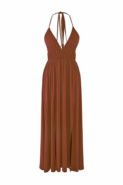 Trendyol Collection Καφέ Maxi Woven Cut Out/Window Beach Φόρεμα TBESS25EL00077