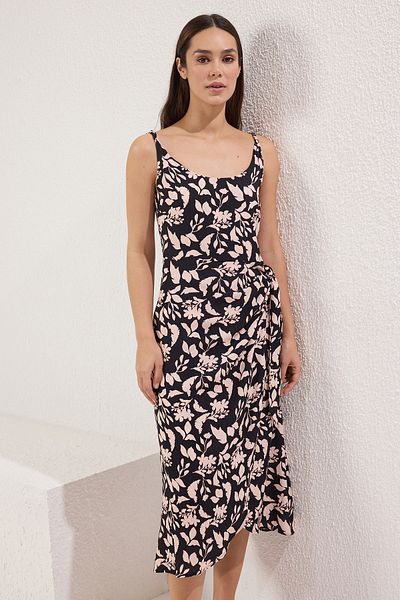 Trendyol Collection Μαύρο φλοράλ μίντι υφαντό φόρεμα TWOSS25EL00715