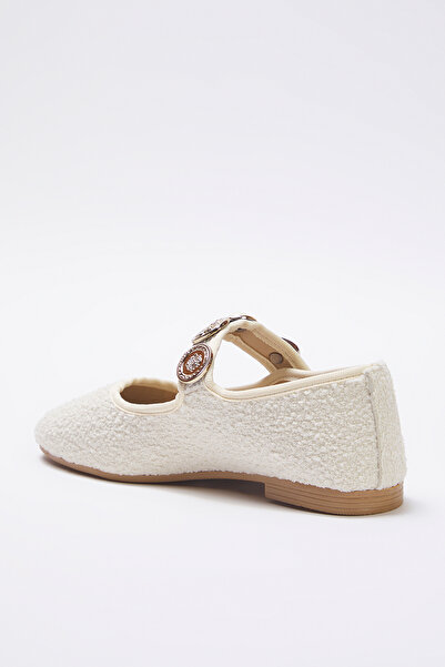TRENDYOL SHOES Beige Buckle Accessory Detailed Round Toe Tweed Mary Jane Women's Flat Shoes Takss25Be00011