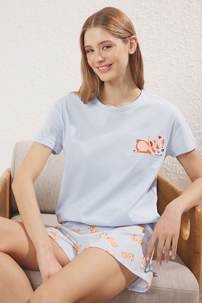 Trendyol Collection Set pijamale tricotate cu model animal albastru cu pantaloni scurți THMSS24PT00198