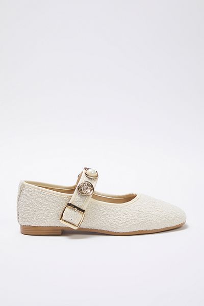TRENDYOL SHOES Beżowe, zapinane na klamrę, ozdobne, okrągłe noski, baleriny damskie z tweedu typu Mary Jane TAKSS25BE00011