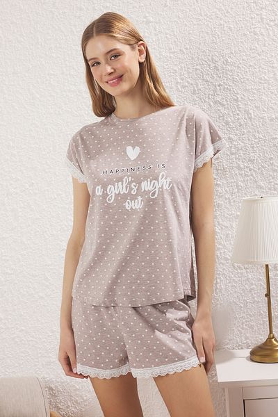 Trendyol Collection Beige Cotton Pajama Set - Knitted with Polka Dots, Slogan Lace Details and Shorts
