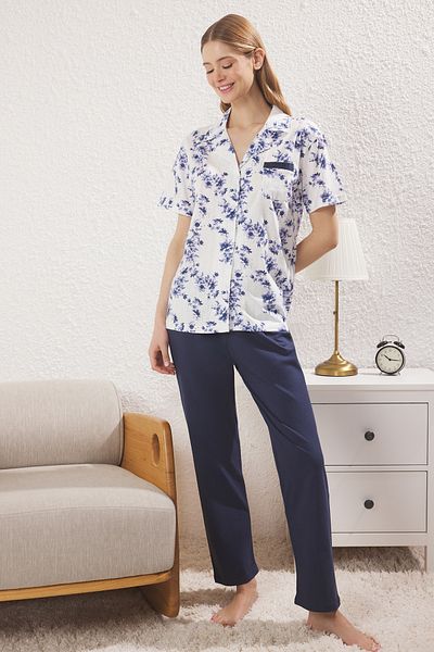 Trendyol Collection Navy Blue Cotton Floral Pocket Detailed Knitted Pajamas Set Thmss25Pt00384