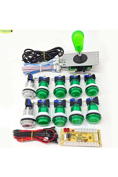 Choice مجموعة ألعاب أركيد DIY للاعب واحد باللون الأخضر للاعبين اثنين لجهاز كمبيوتر Raspberry Pi مع أزرار ضغط LED على الطراز الأمريكي