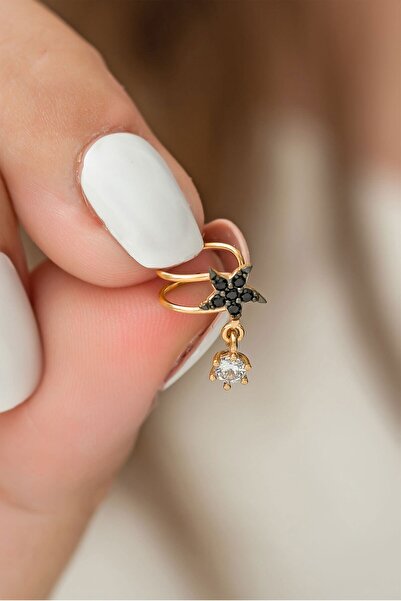 Papatya Silver 925 Ayar Gümüş Gold Siyah Taşlı Yıldız Kıkırdak Gümüş Kıkırdak...