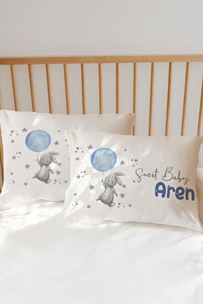 Homamia İsme Özel Baskılı %100 Pamuk Bebek Yastık Kılıfı Balonlu Tavşan