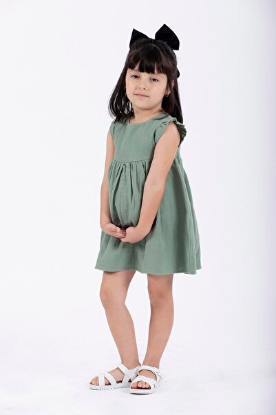 zepkids Green Colored Girl's Dress - Ruffled Shoulders and Pleated Design