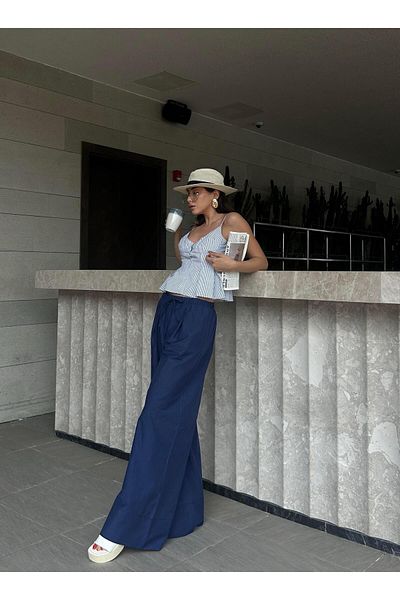 minaaise Women's Navy Blue Poplin Fabric Elastic Waist Pocket Trousers 29083