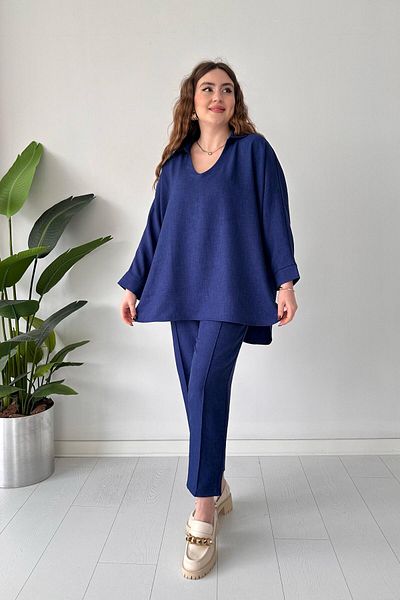 MaziButik Blue V-Neck Linen Set