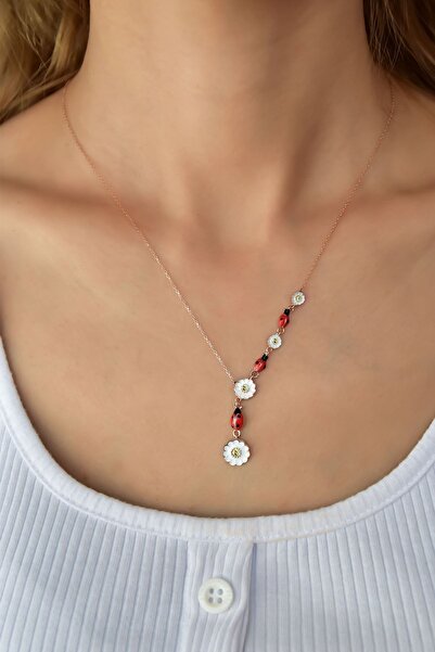 Papatya Silver 925 Ayar Gümüş Rose Kaplama Papatya ve Uğur Böceği Akışlı Kolye