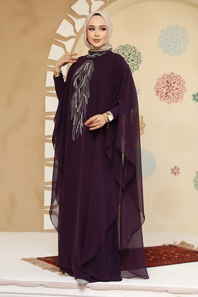 Neva Style عباية حجاب بتفاصيل بانشو أرجوانية داكنة 25914KMOR