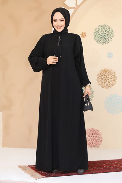 Neva Style Pile Detailed Black Hijab Abaya 45296S
