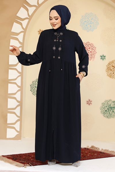 Neva Style Bead Detailed Navy Blue Hijab Abaya 45305L