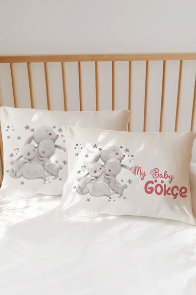 Homamia İsme Özel Baskılı %100 Pamuk Bebek Yastık Kılıfı Sevimli Tavşanlar
